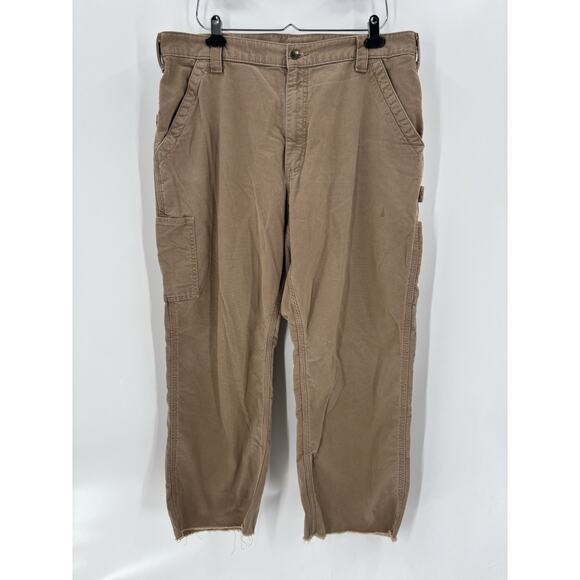 Carhartt Canvas Work Dungaree Pants Mens 38x30 Brown Raw Hem Pockets Utility - Picture 1 of 16